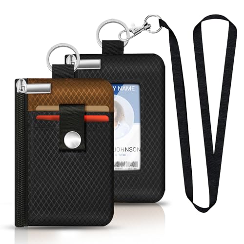 Minimalist RFID Blocking Small Wallet with ID Window,WaterResistant Zip Id Case Wallet with Lanyard Keychain for Cards,Cash,Travel,Women,Men (Black/Brown) - color: Black/Brown