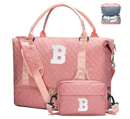 WOOMADA Initial Duffle Bag with Shoe Compartment,Personalized Weekender Bag, Overnight Bag for Women Girls, Gym Bag with Toiletry Bag - color: Pink, style: B