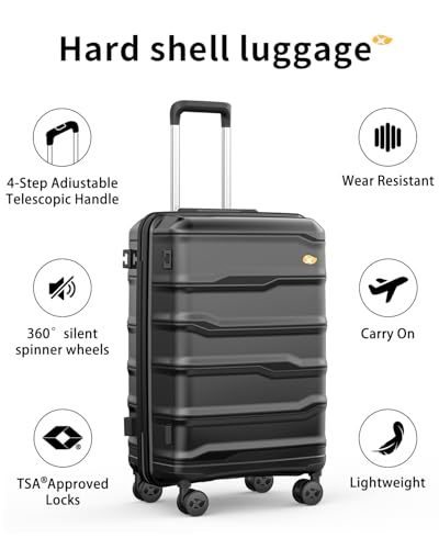 24 Inch Medium Checked Luggage, PC Hardshell Suitcase, Black | Lightweight Hardside Shell, TSA Lock, Double 360° Spinner Wheels - color: 0-Black, size: Checked-Medium 24-Inch