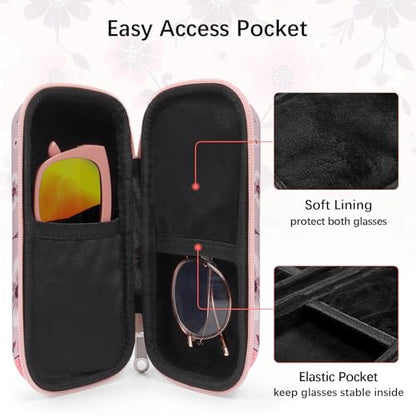 Double Eyeglasses Case for Dual Sunglasses, Hard Shell with Zipper - color: Pink Flower