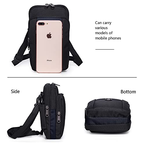 Senient Wolf Waterproof Nylon Multifunctional Phone Crossbody Bag - Small One Shoulder Waist Bag Wallet Travel Passport Case - color: Black with Navy blue
