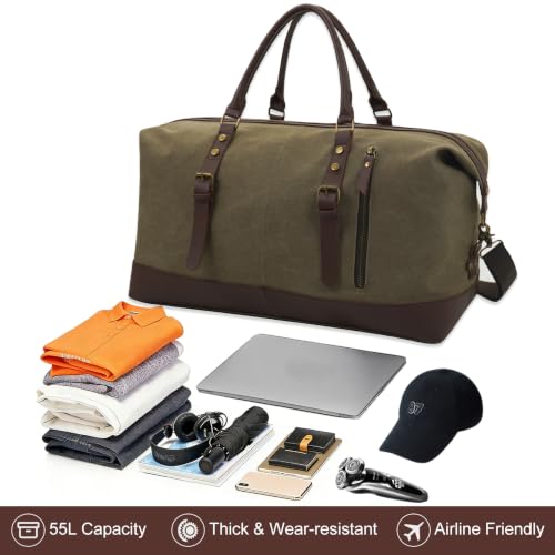 55L Canvas Duffle Bag for Men, Carry On Travel Weekender Overnight Bag - color: Green