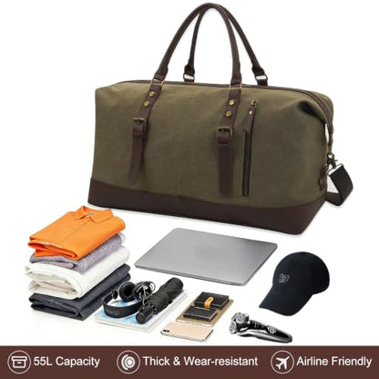 55L Canvas Duffle Bag for Men, Carry On Travel Weekender Overnight Bag - color: Green