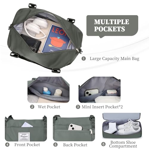 Weekender Bags for Women, Personal Item Travel Bag with Shoes Compartment - color: Olive Green, size: Medium