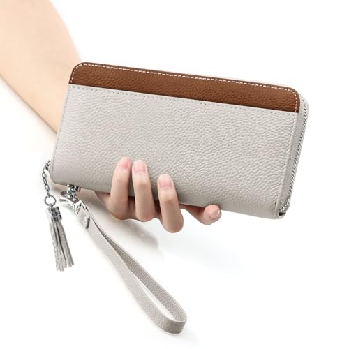Moflycom Womens Wallet RFID Blocking Genuine Leather Zip Clutch Wristlet - color: Z2 Brown1/Beige1