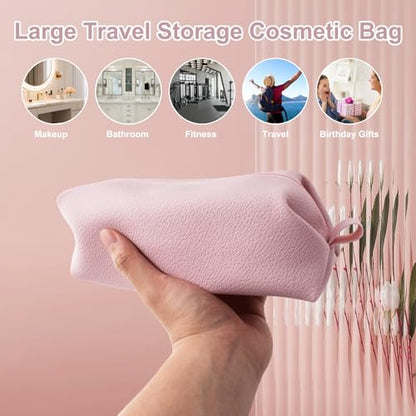 Portable Silicone Makeup Bag, Large Waterproof Makeup Brush Bag,Bathroom Travel Bag,Upgraded Leakproof Zipper Makeup Box,Suitable for Mens Womens(Pink) - color: Pink