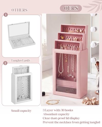 Huquary 3 Layer Vertical Necklace Organizer Box, Pink - color: Pink