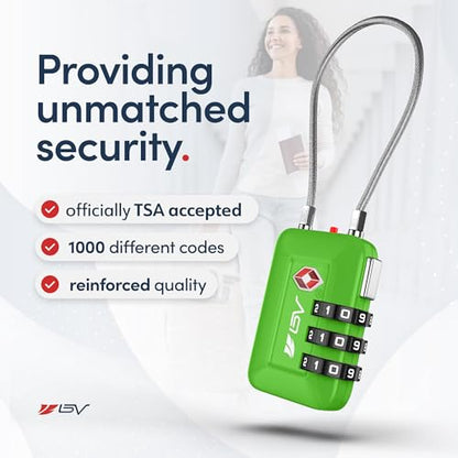 BV Luggage Locks TSA Accepted, Travel Sentry Approved 3-Digit Combination Suitcase Locks with Open Alert & Flexible Cable for Travel, Backpacks, Lockers, Cases, Green, 1 Pack - color: Green 1-Pack