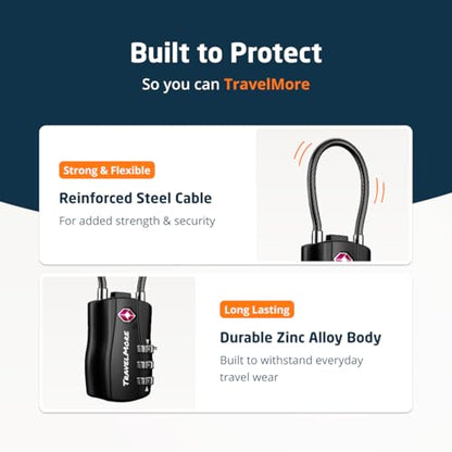 TravelMore TSA Approved Luggage Locks, Travel Combination Cable Locks - color: Black, size: 6 Pack