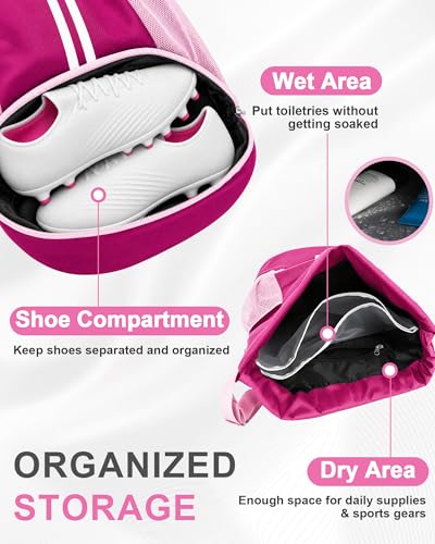 JELUTAR Soccer Bag, Drawstring Soccer Backpack with Shoe Compartment - color: Rose Pink, size: Large