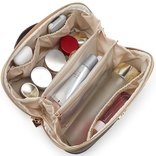 YTL Makeup Bag Travel Cosmetic Bag PU Leather Toiletry Case Pouch for Women - color: Checked Coffee