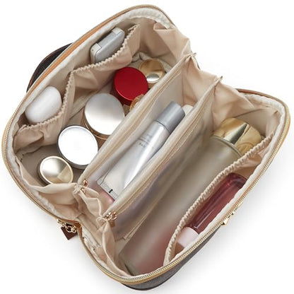 YTL Makeup Bag Travel Cosmetic Bag PU Leather Toiletry Case Pouch for Women - color: Checked Coffee