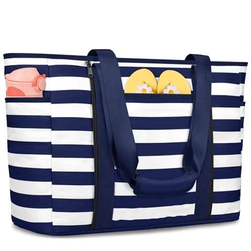 Extra Large Beach Bags for Women Waterproof Sandproof Beach Tote Bag - color: Navy Blue and White