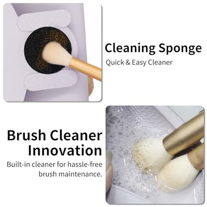 Travel Silicone Makeup Brush Holder with Cleaning Pad and Magnetic Closure - color: Purple