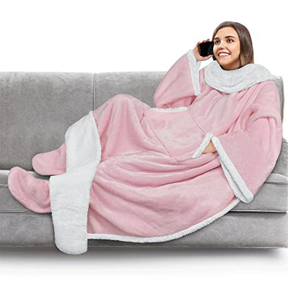 PAVILIA Sherpa Blanket with Sleeves and Foot Pockets for Women Men, Pink - color: Light Pink, size: Sherpa