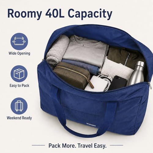 Foldable Travel Duffle Bag with Trolley Sleeve 40L Travel Bag - color: Blue