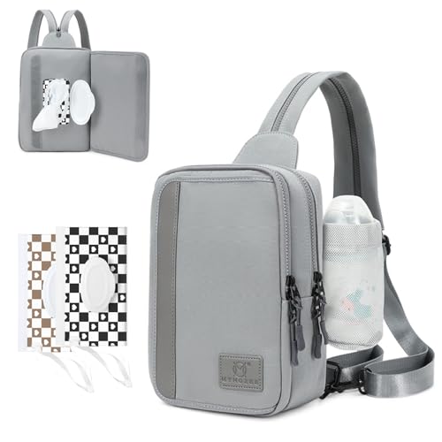 MYHOZEE Sling Bag Crossbody Backpack Purse - 2 in 1 Nylon Cross Body Bag Diaper with Wipes Pouch, Water Bottle Pocket - color: Grey