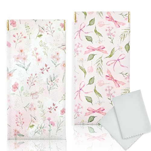 Soft Glasses Case, 2 Pcs Portable PU Leather Squeeze Top Eyeglasses Cases, Cute Sunglasses Pouch Bag for Women - color: 2pcs Pink Flower+pink Bow