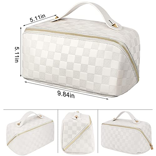 ALEXTINA Travel Makeup Bag, Checkered PU Leather Cosmetic Bag, White - color: white, size: Medium