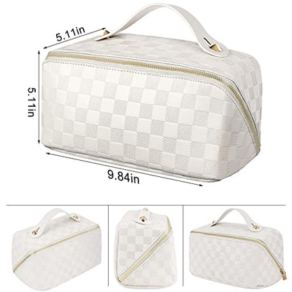 ALEXTINA Travel Makeup Bag, Checkered PU Leather Cosmetic Bag, White - color: white, size: Medium