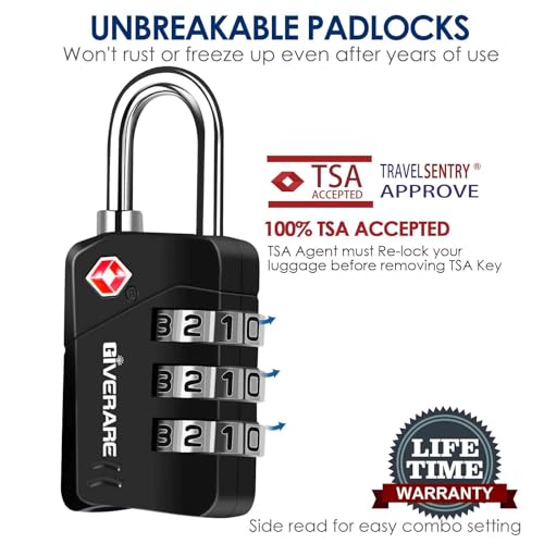 2 Pack TSA Approved Travel Luggage Locks, Metal Combination Lock, Alloy Keyless 3-Digit Padlocks, TSA Accepted Compatible Padlock for Gym Locker, Golf Bag Case, Backpack, Black-by GIVERARE