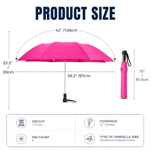 Collapsible Windproof Umbrella Travel - 42inch Auto Open & Manual Close - color: 06.Rose Red
