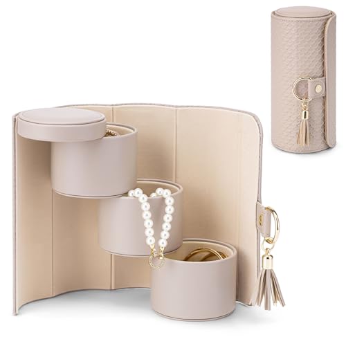 VLANDO Travel Jewelry Organizer, 3 Tier Roll Up Design, Hard Shell Storage - color: E.Grey