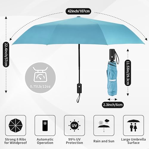 Yoobure Windproof Automatic Travel Umbrella, Compact Folding UV Sun & Rain | One-touch auto open close, windproof frame withstands storms, UV protection fabric, lightweight for backpack car daily use - color: Auto-Sky Blue