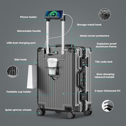 24 Inch Checked Luggage, Hardside Suitcase with TSA Lock - color: Gray, size: 24 Inch