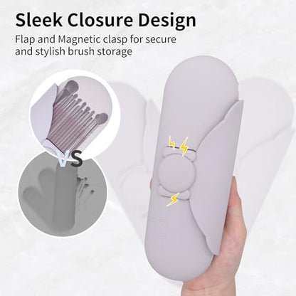 Travel Silicone Makeup Brush Holder with Cleaning Pad and Magnetic Closure - color: Purple