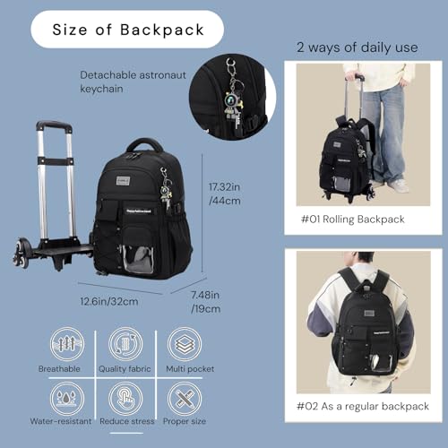 MITOWERMI Rolling Backpack with Wheels for Girls Boys, White 6 Wheels - color: 6-wheel White, size: 6-Wheel