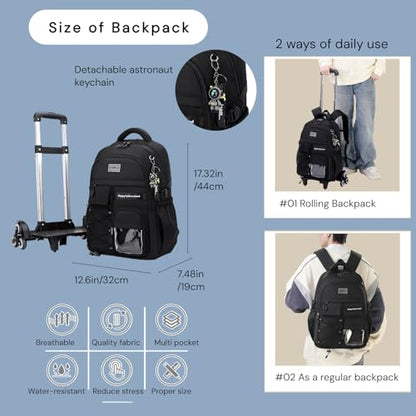 MITOWERMI Rolling Backpack with Wheels for Girls Boys, Black 6 Wheels - color: 6-wheel Black, size: 6-Wheel