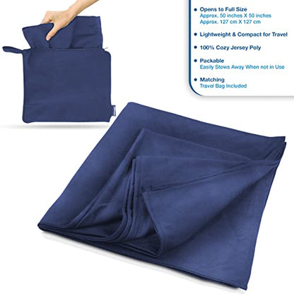 Super Soft Jersey Airplane Travel Blanket for Your Flight, Car, Camping, Home or Comforting Warmth Anywhere! Large in Size at 50"x 50" and Includes a Bag! - Blue