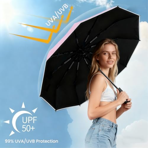 SIEPASA Travel Umbrella with Carabiner Handle - Windproof 10 Ribs Auto Open/Close for Rain & Sun Protection, Compact Portable Clip-on Backpack Design with Safety Reflective Strip. - color: UV-Light Pink