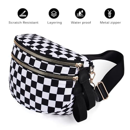 Checkered Crossbody Bum Bags for Women Large Nylon Belt Purse Fanny Packs Bag with Adjustable Shoulder Strap (Black White Checkered) - color: Black White Checkered