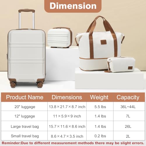 Kono Luggage Set 4 Piece Carry On Hardside Luggage with Spinner Wheels - color: Cream White, size: 12+20-inch/Db/Tb