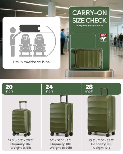 Joyway Expandable 5 Piece Luggage Sets with Front Pocket, Green - color: Green, size: 5 Piece