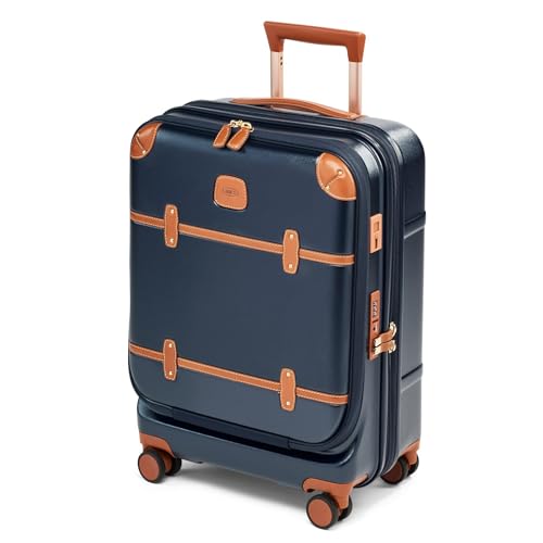 Bric's Bellagio 3.0 Spinner Trunk - Airline Approved Luxury Hardshell Carry On Luggage with Large Wheels, Telescopic Handle, Leather Detailing - Expandable Rolling Suitcase - 21" With Pocket, Blue