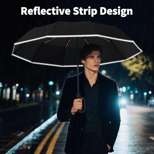 Seniny Travel Umbrella with UV Sun Protection, Large Rain Umbrellas, Black | One-Touch Automatic Umbrella with Carabiner Handle & Reflective Strip, Portable Compact Umbrella for Car Backpack - color: Black