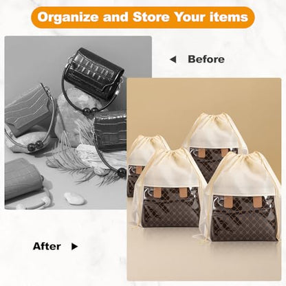 12 PCS Dustproof Drawstring Bags,Breathable Non-Woven Fabric Drawstring Dust Covers,Storage Bags Dust Bag for Handbags Shoes Purses,Beige