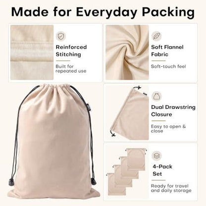 4 Pack Flannel Cloth Shoe Bags for Travel & Packing for Women & Men - color: Camel Beige