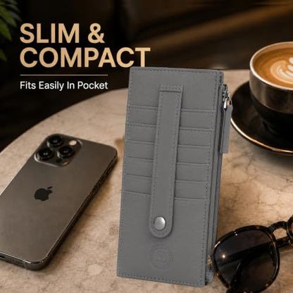 Leatherboss Genuine Leather Women's All in One Credit Business Card Case Holder Slim Zipper Wallet With a Card Protection Strap, Gray - color: Gray