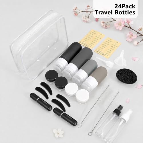 24 Pack Travel Bottles for Toiletries -TSA Approved Leak Proof Silicone Set - color: Black