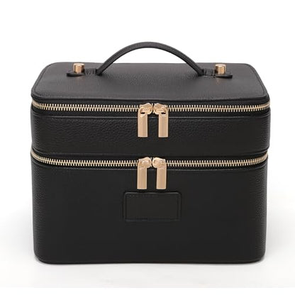 HiTotes Large Makeup Bag Duo Vanity Case for Women Leather Makeup Case Travel Toiletry Bag Portable Double Layer Cosmetic Bag - color: Black