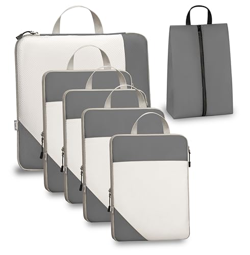 Compression Travel Packing Cubes with White Mesh, Grey, 6Pcs - color: Grey, size: Set of 6
