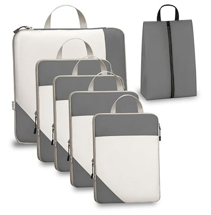 Compression Travel Packing Cubes with White Mesh, Grey, 6Pcs - color: Grey, size: Set of 6
