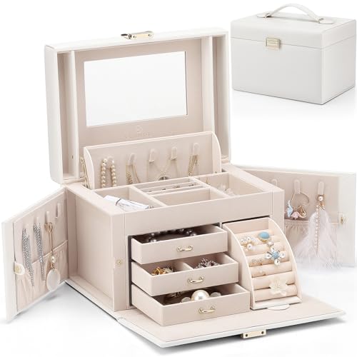 VLANDO Jewelry Boxes & Organizers with Mirror and 3 Drawers,White - color: A.White
