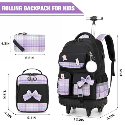 ACESAK Rolling Bow Backpack for Girls with Lunch Bag & Pencil Pouch - color: Black