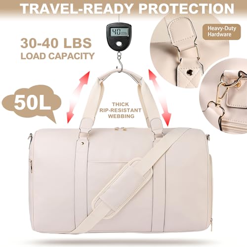 3‑PCS Leather Duffle Bag for Travel, Weekender Overnight Gym Bag Men Women - color: White