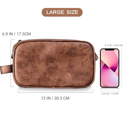 Elviros Toiletry Bag for Men, PU Leather Travel Dopp Kit, 2 Pack Gift Set - color: Dark Brown, size: 2 Piece
